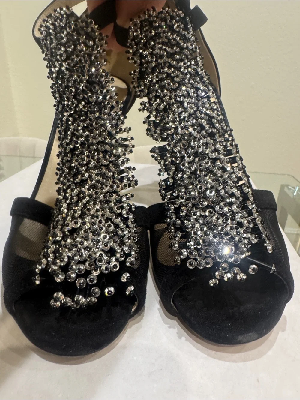 Jimmy Choo Black Crystal T-Strap Embellished Heels